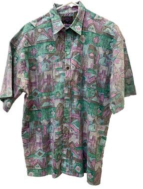 Vtg Weeds Cotton Purple Green Geo Reverse Print Aloha Hawaiian Shirt Mens L